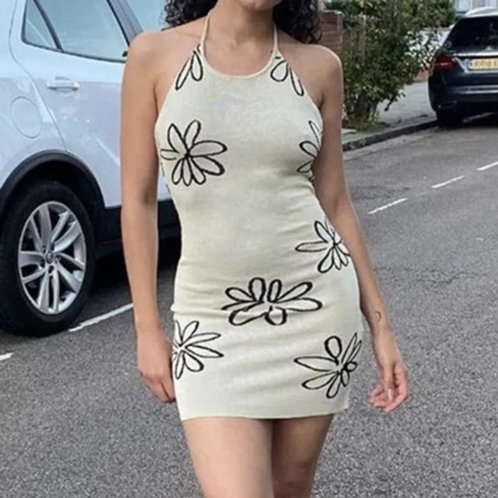 HALTER neck floral knit mini dress S